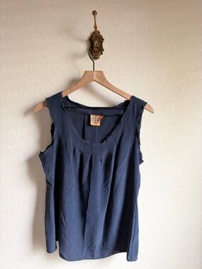 Tory Burch Navy Sleeveless Pleated Front Silk Tank